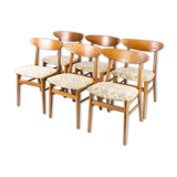 Set of six dining room chairs in teak and upholstered with light fabric, of danish design, 1960S