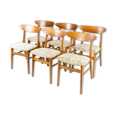 Ensemble de six chaises de salle à manger en teck et rembourrées avec tissu, conception danoise, 1960