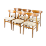 Set of six dining room chairs in teak and upholstered with light fabric, of danish design, 1960S