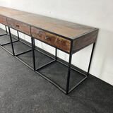 Console in old wood and metal base with 4 drawers