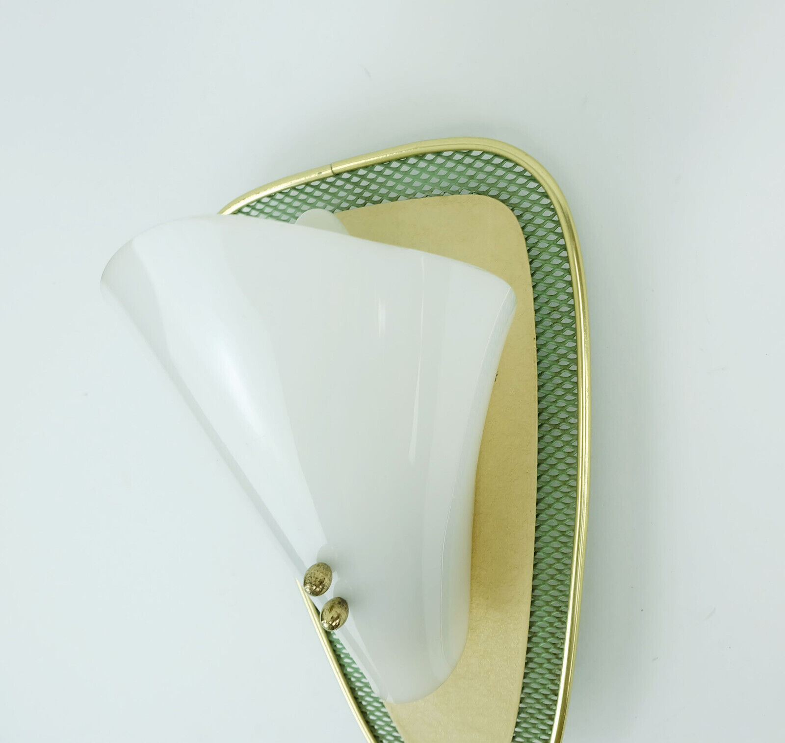 1950s sconce green metal mesh and brass with white acrylic shade
