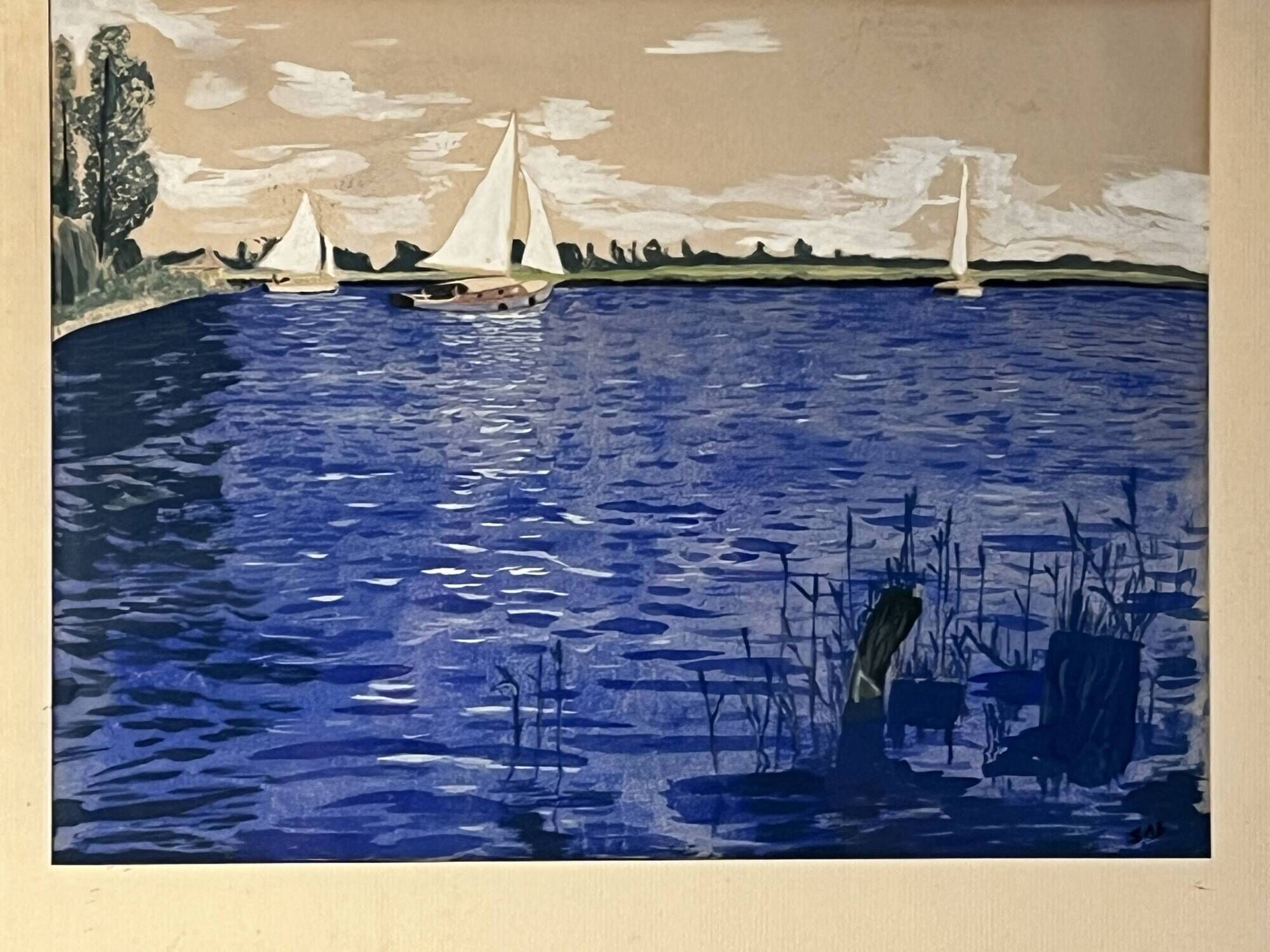 "Boats on the lake" gouache signed