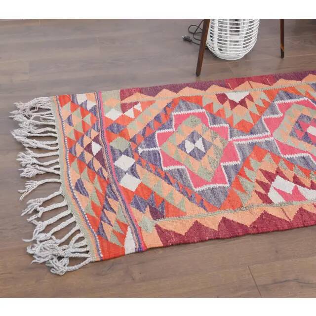 1970s Vintage Turkish Hand-Knotted Wool Cotton Pink Runner Rug 92x343