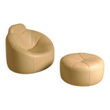 "Pumpkin" armchair set and its cream leather ottoman by Pierre Paulin