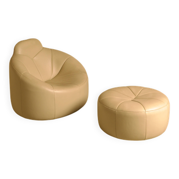 Ensemble fauteuil "Pumpkin" et son ottoman en cuir crème par Pierre Paulin