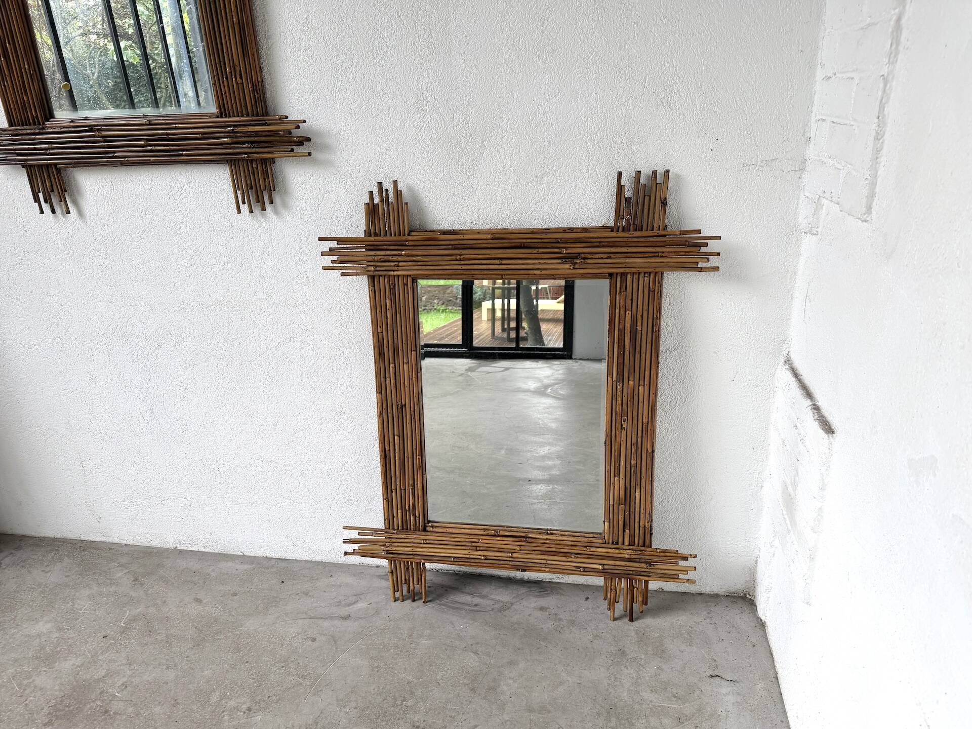 Pair of large vintage bamboo mirrors, 1970s