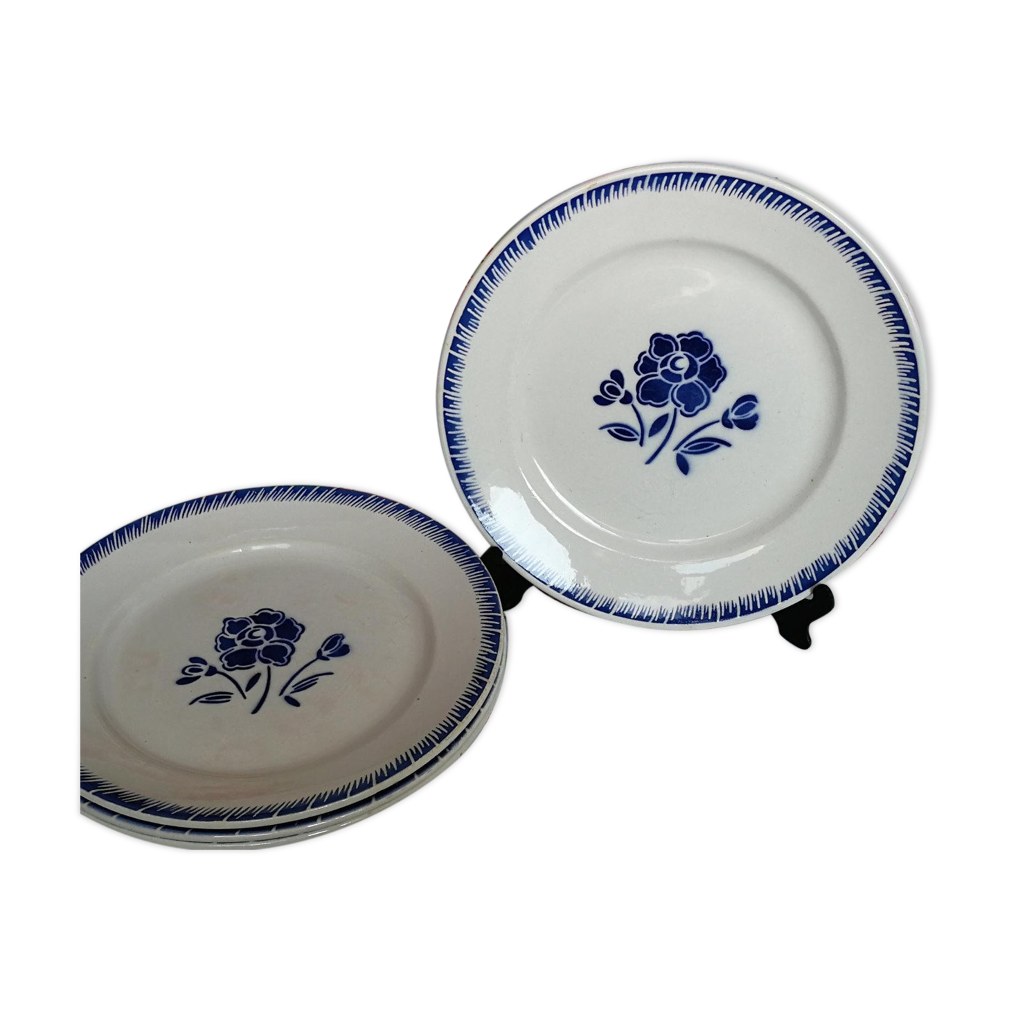 4 old flat plates Badonviller blue rose