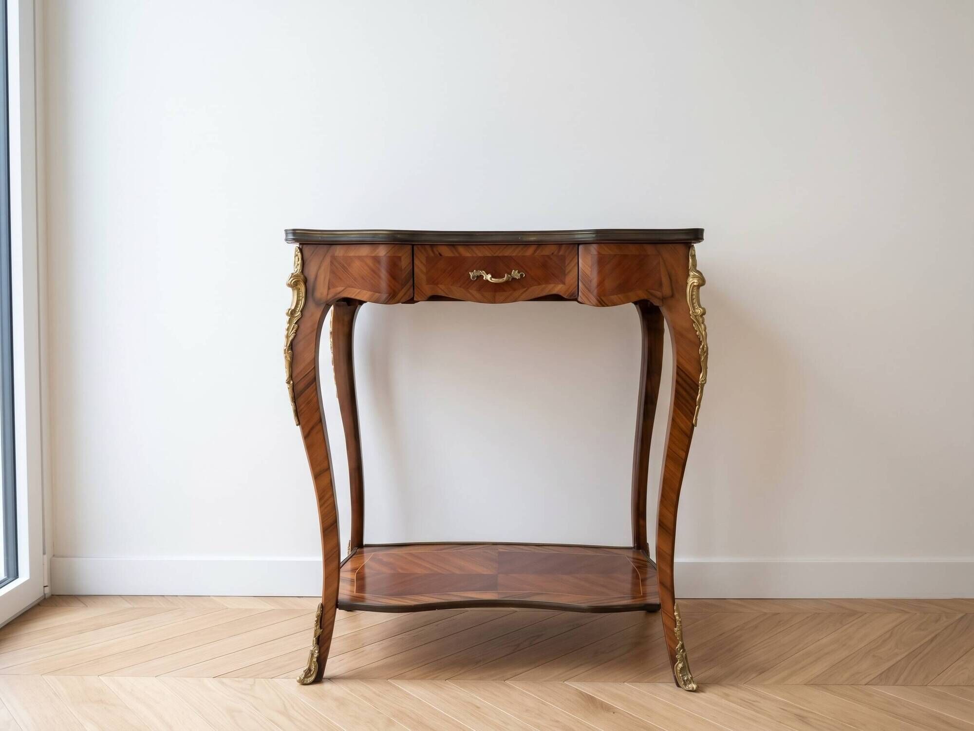 Louis XV console table with marquetry and bronze fittings.