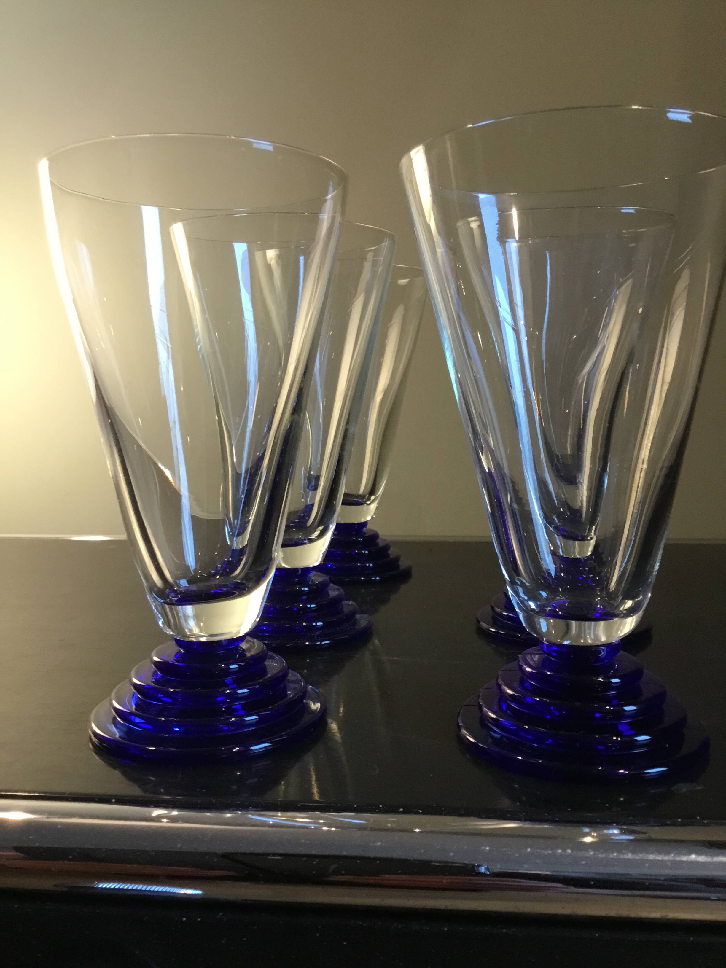 6 cobalt blue Art Deco footed glasses