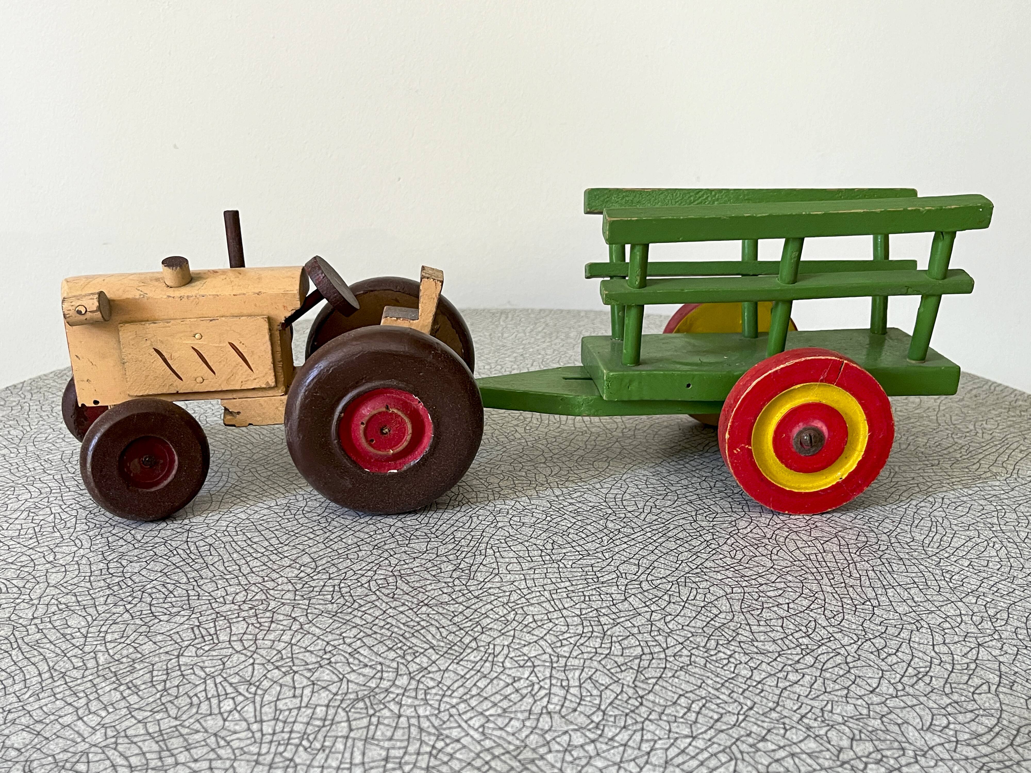 Wooden tractor with trailer, antique toy