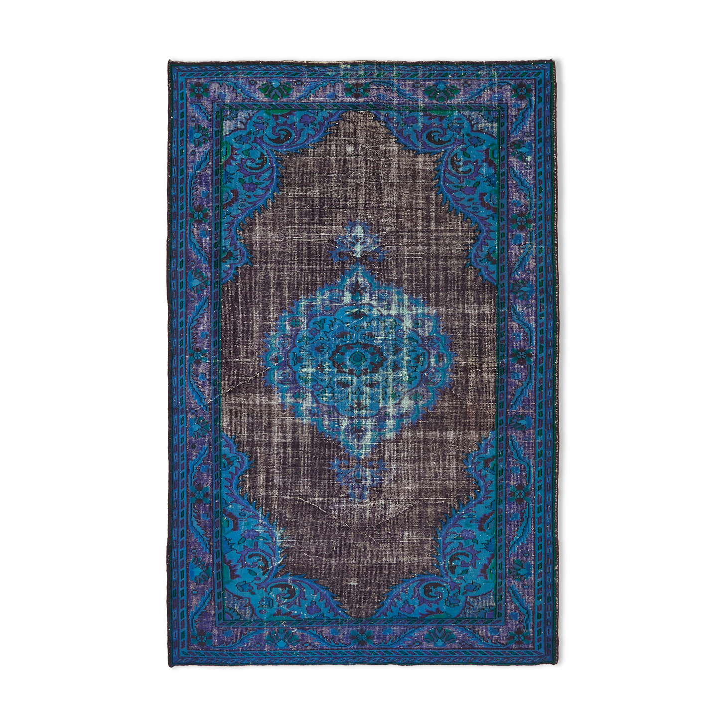 Hand-knotted carved turkish 1970s 210 cm x 325 cm blue carpet