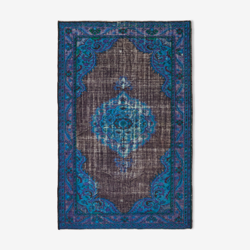 Hand-knotted carved turkish 1970s 210 cm x 325 cm blue carpet