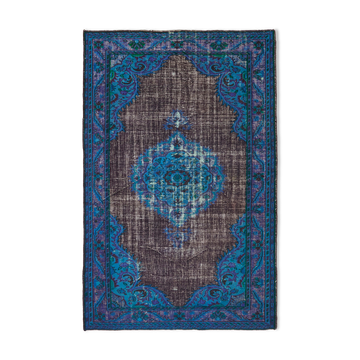 Hand-knotted carved turkish 1970s 210 cm x 325 cm blue carpet