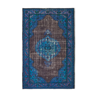 Hand-knotted carved turkish 1970s 210 cm x 325 cm blue carpet