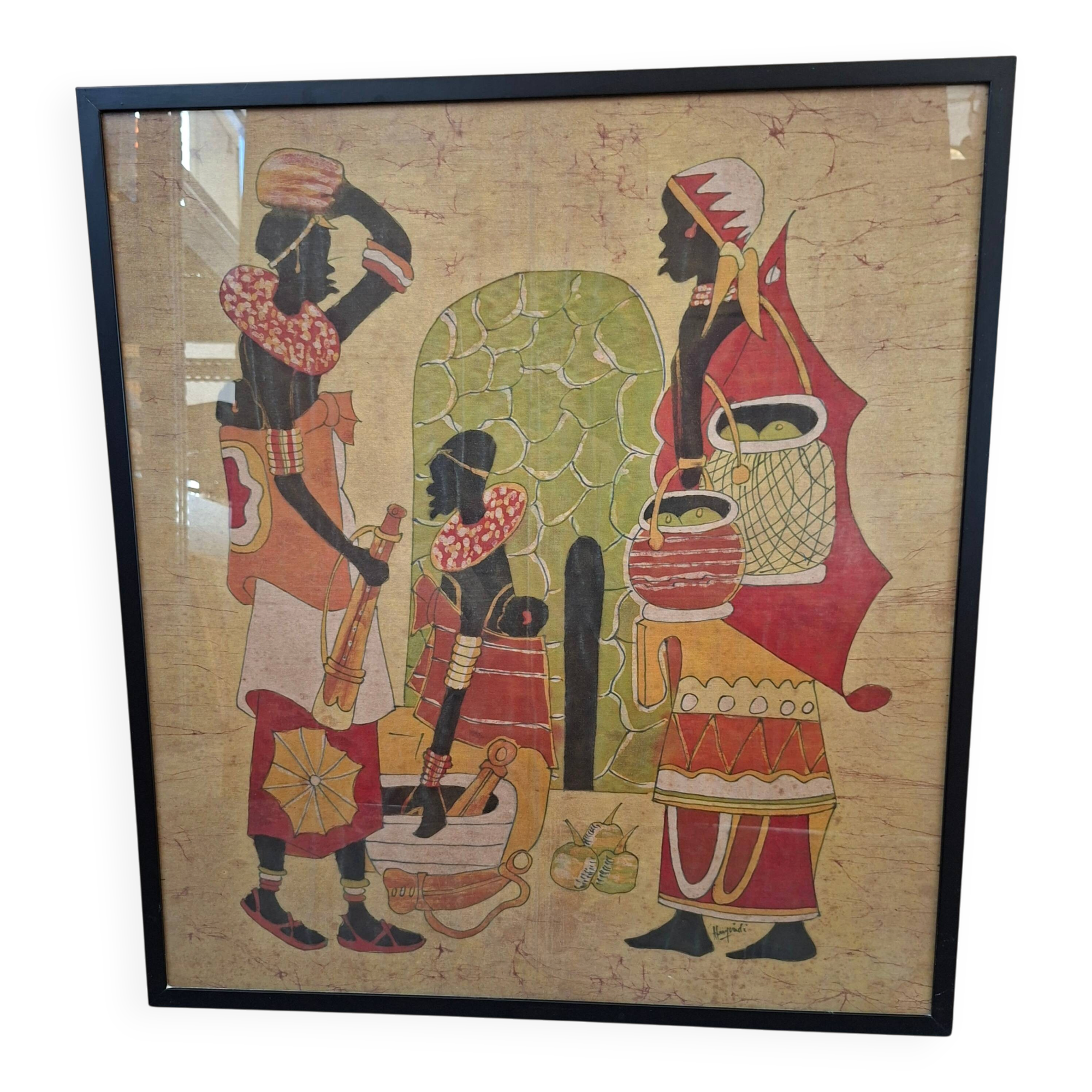 Tableau batik africain original signé "Hamidi", art sur tissu
