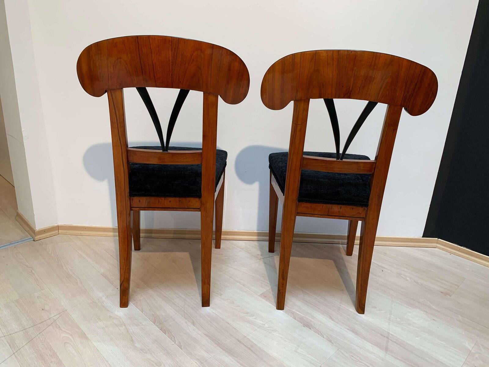 Set of Pair of Biedermeier Shovel Chairs, Walnut, Ink Painting, South Germany, 1830s