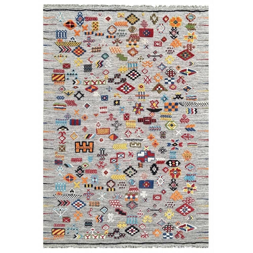 Multicoloured Handknotted 100% Wool Rug. Grey Geometric Carpet. Handwoven Tribal Kilim