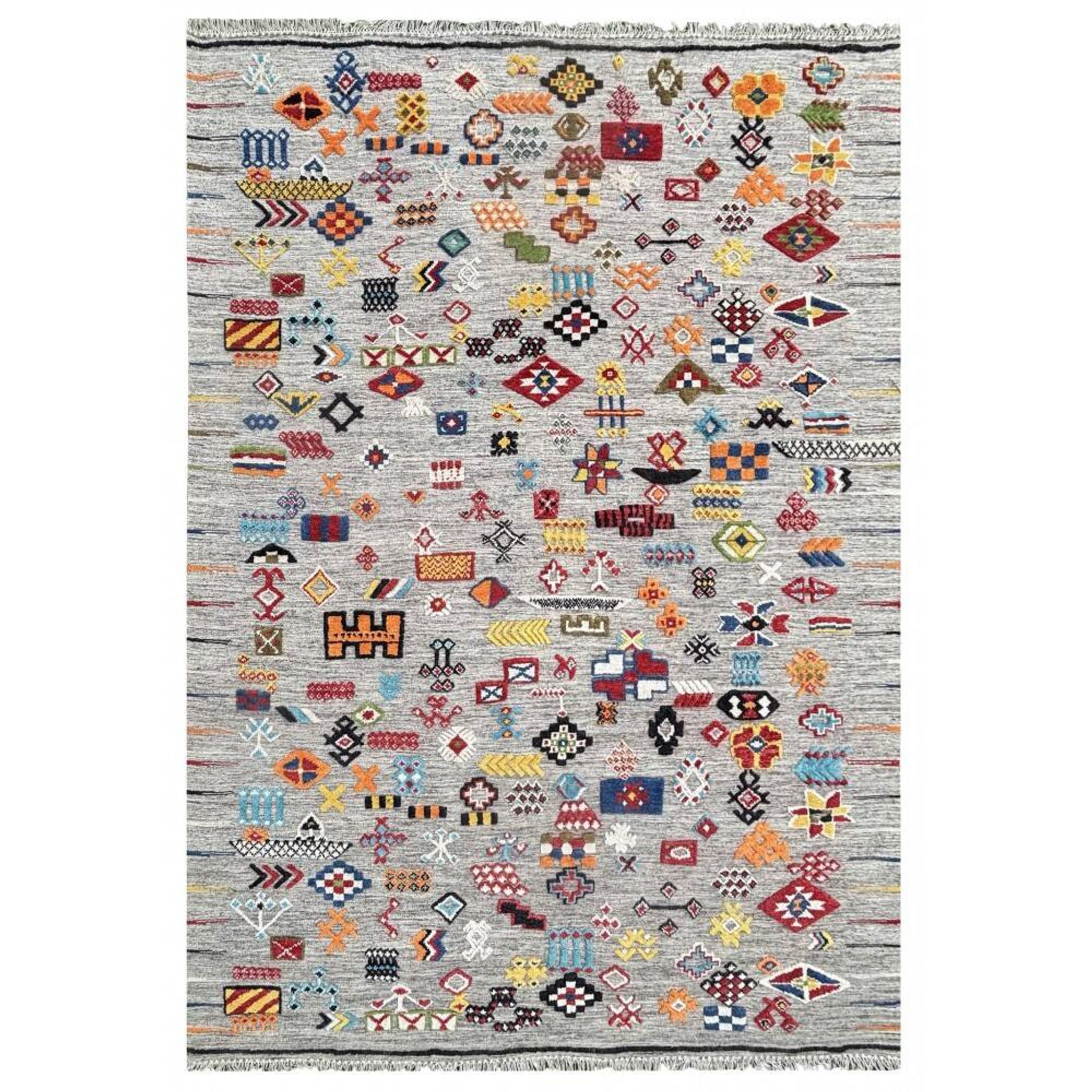 Tapis en laine 100 % noué à la main multicolore. Tapis géométrique gris. Kilim tribal tissé à la main.