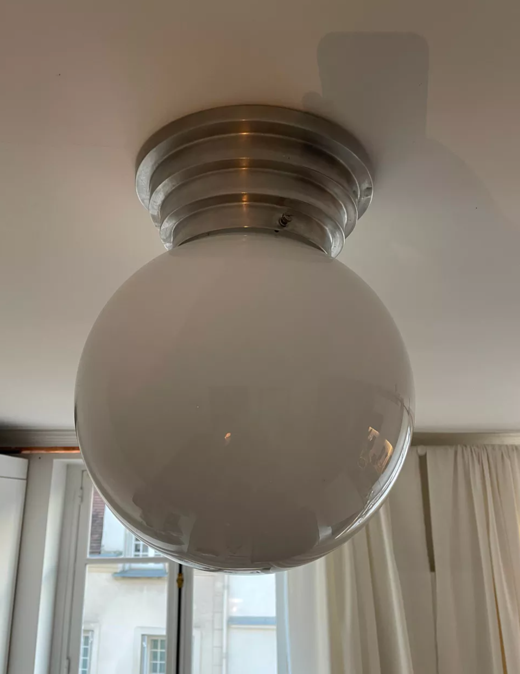 Modernist art deco stepped ceiling lamp, chrome and opaline, vintage