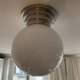 Modernist art deco stepped ceiling lamp, chrome and opaline, vintage