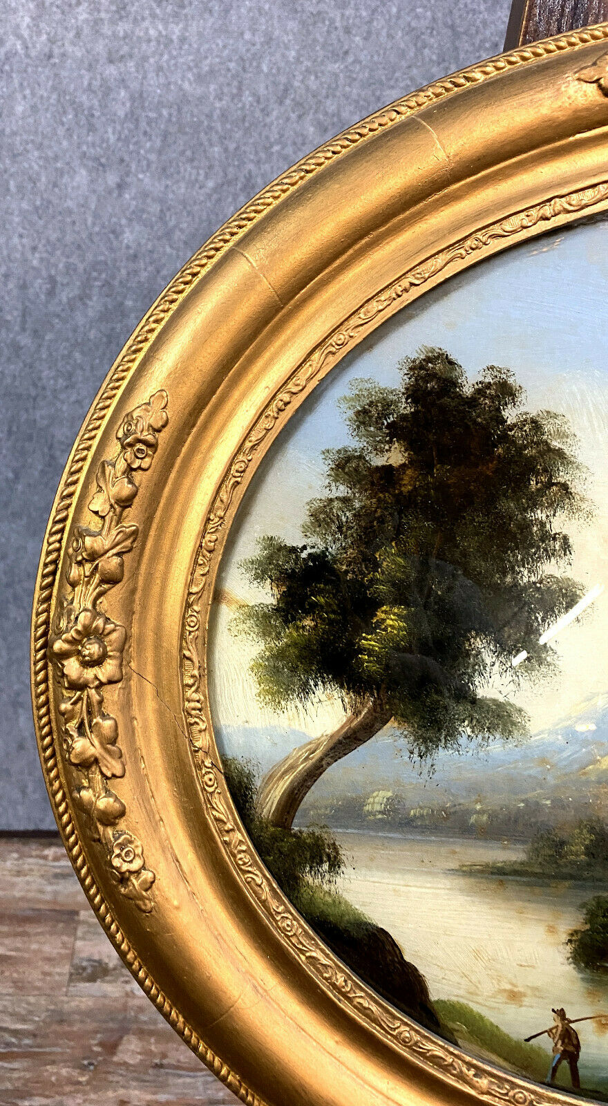 fixed under glass has oval view louis era Philip around 1830 animated lakescape