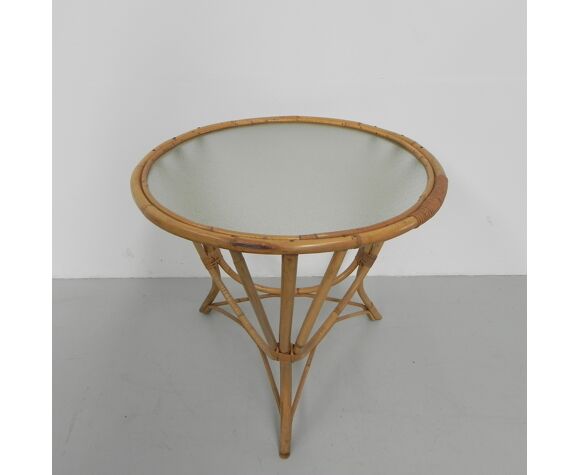 Bamboo Coffee Table With Round Glass, Rattan Round Coffee Table With Glass Top
