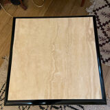 Coffee table in lacquered wood and vintage travertine