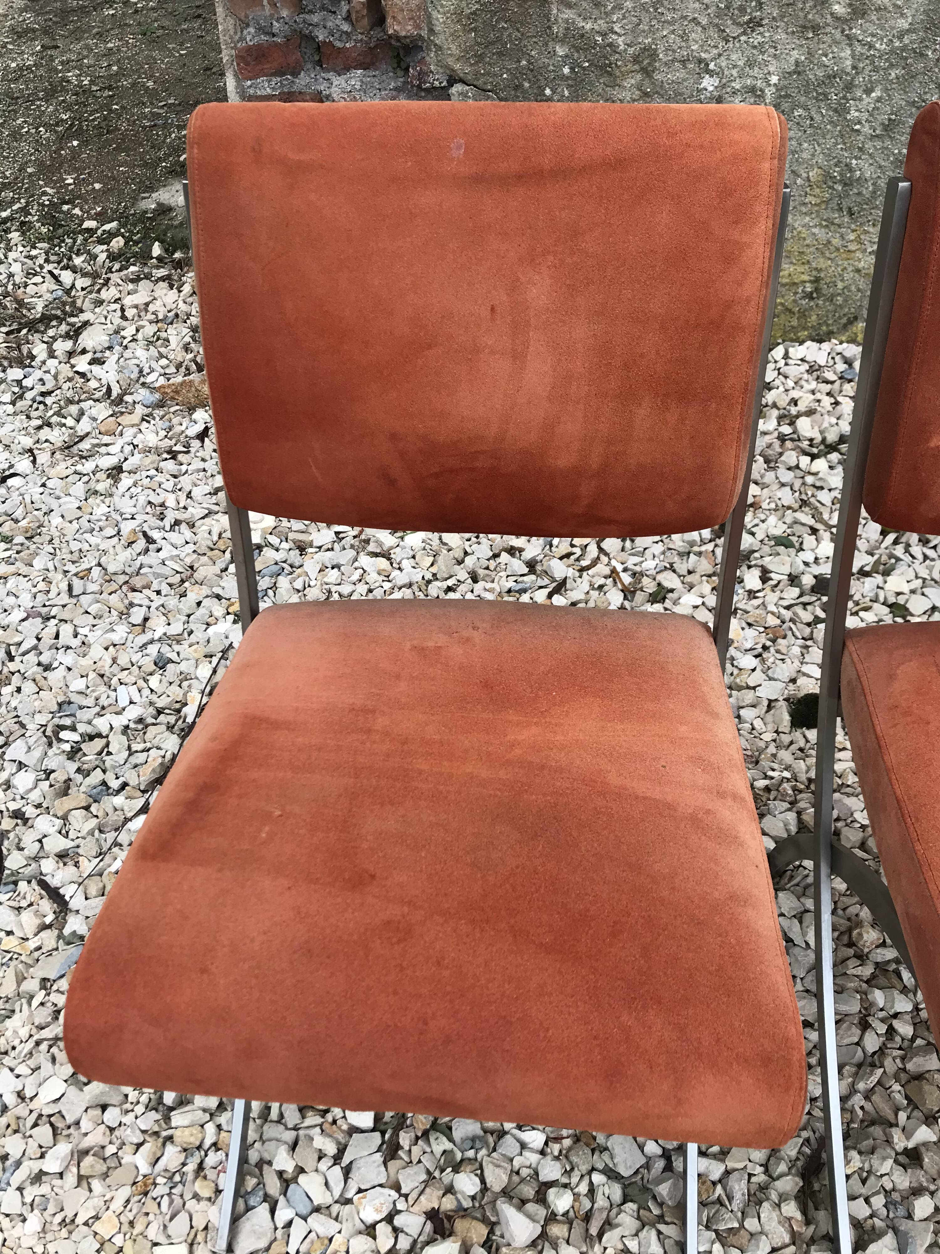 Suite of 4 vintage orange chairs 1970 steel and suede