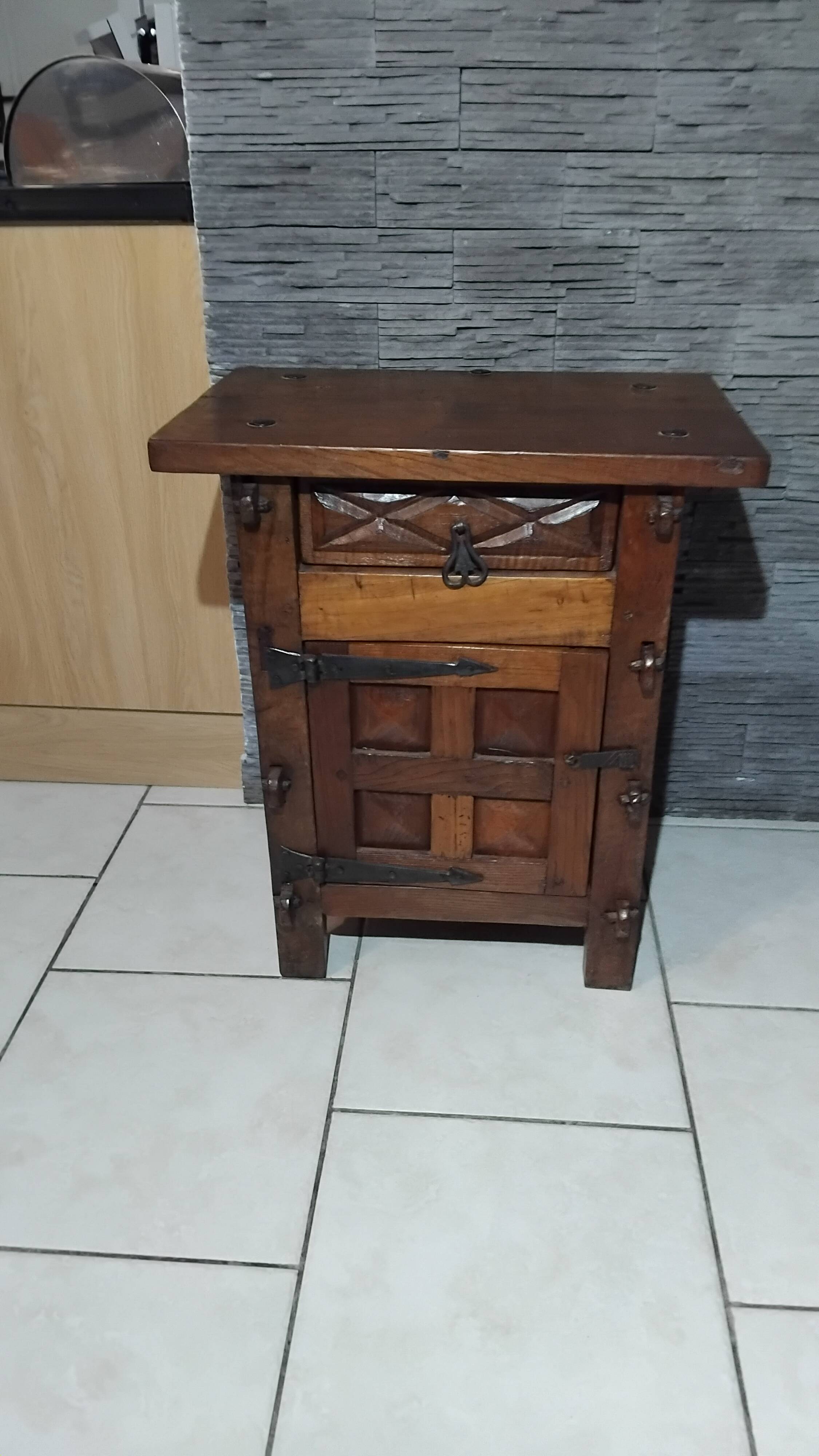 Small vintage brutalist solid oak jam cupboard with wrought iron trim