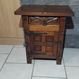 Small vintage brutalist solid oak jam cupboard with wrought iron trim