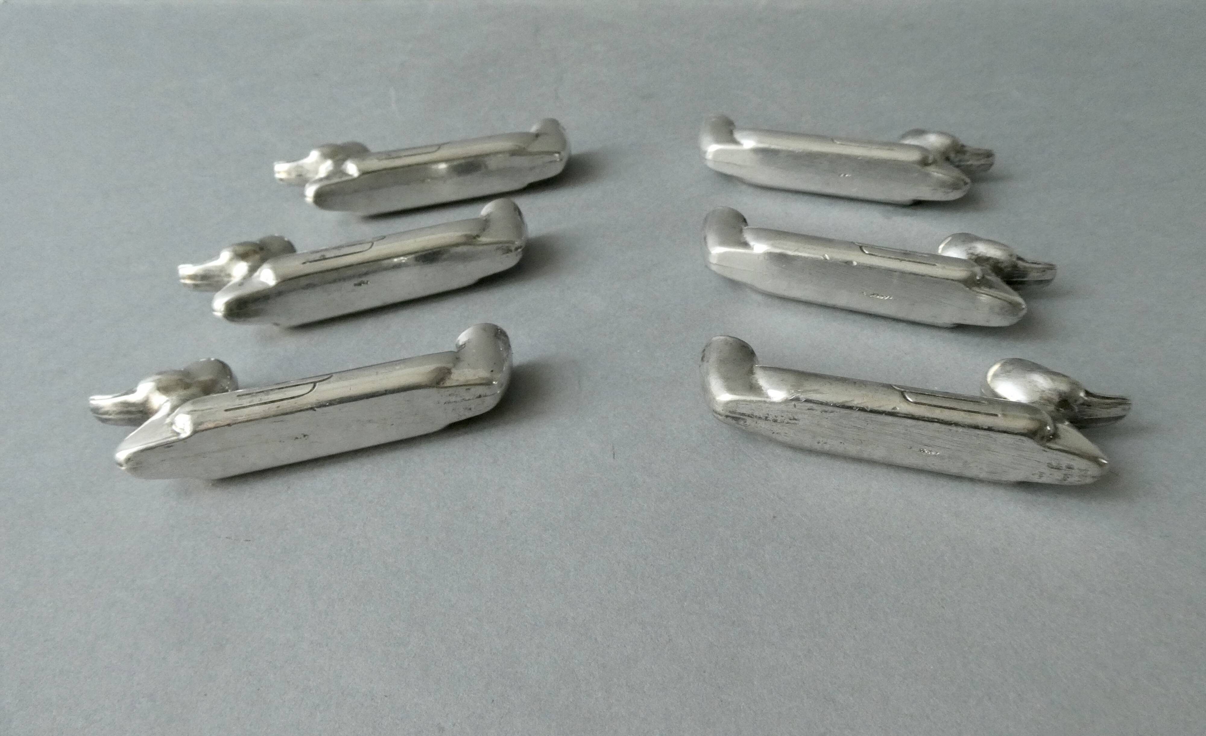 6 duck-shaped knife holders in silver metal with flower holder, Art Deco