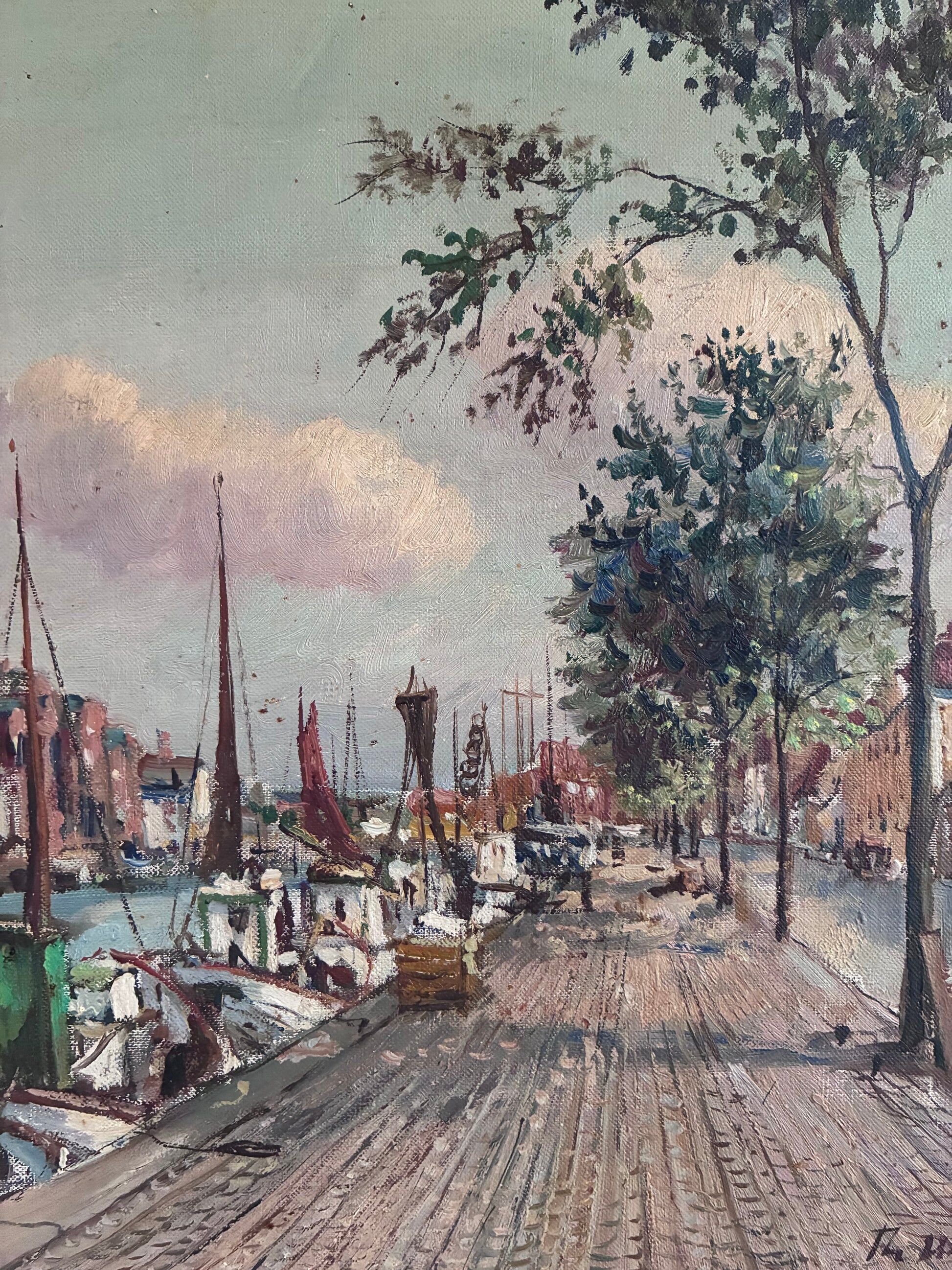 Vintage original Scandinavian harbor oil painting