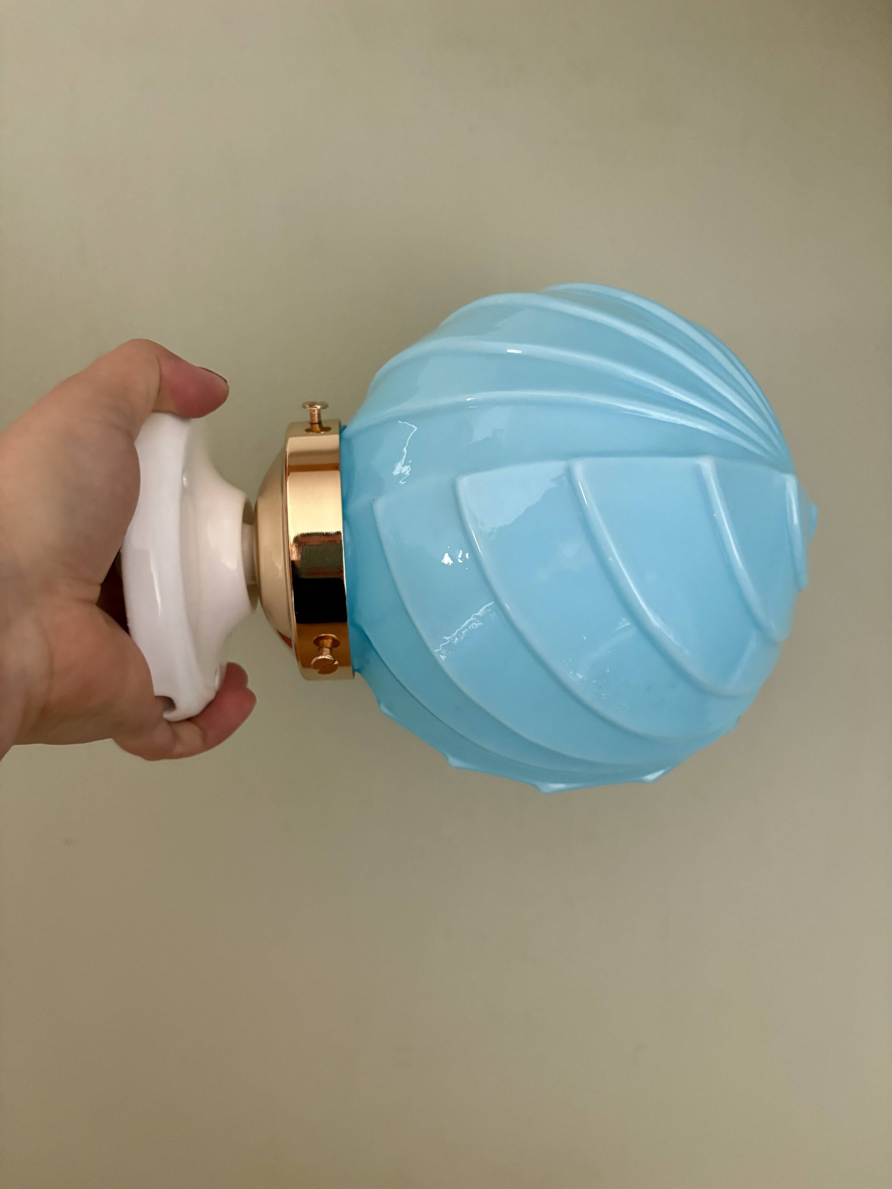 Vintage art deco globe wall lamp in blue opaline