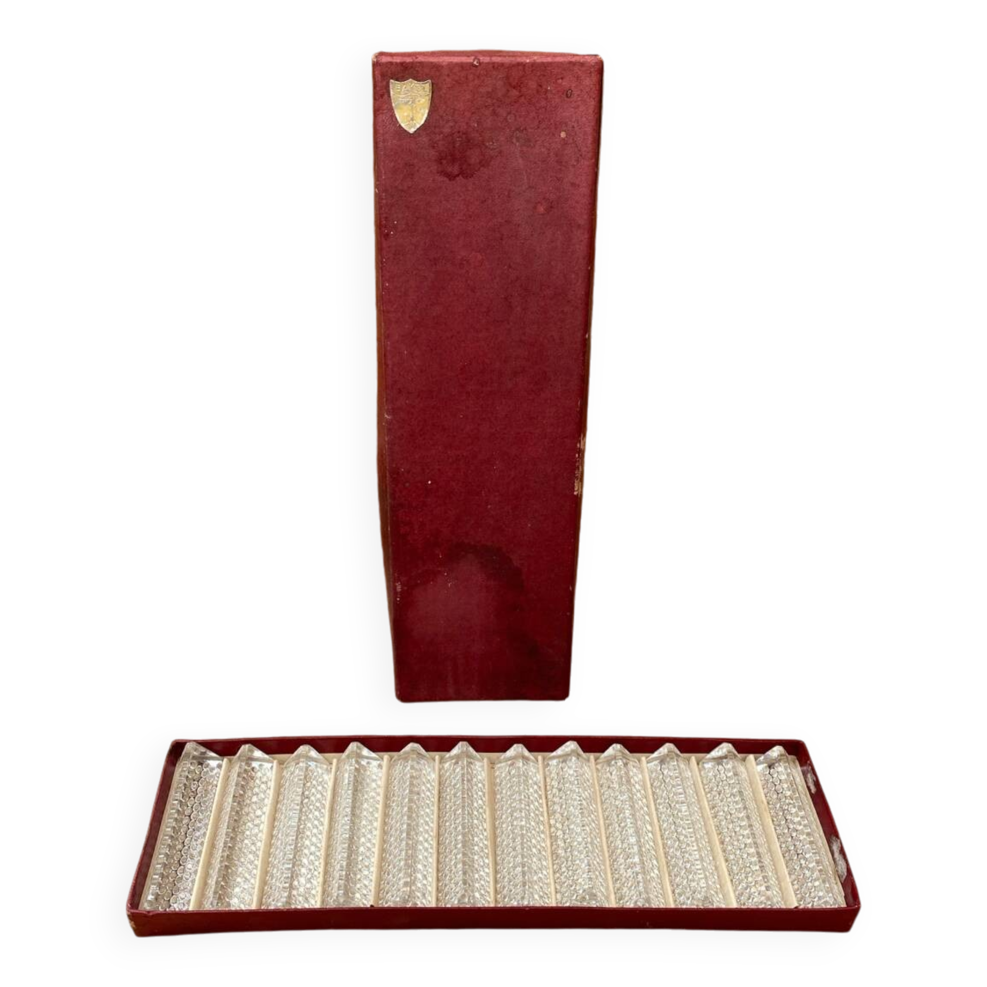 Ancienne série de 12 porte couteaux bayel cristal + boîte vintage