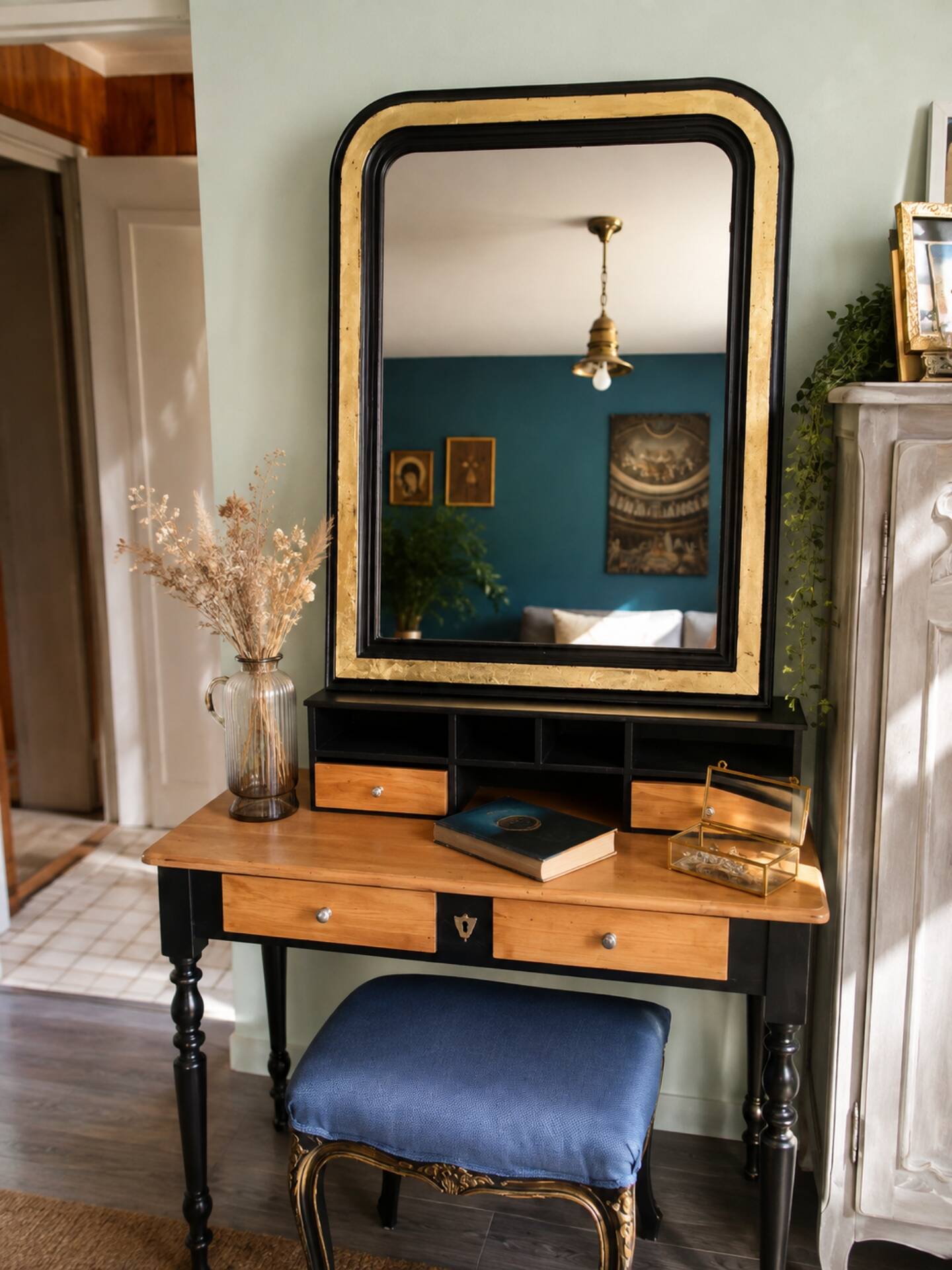 Miroir ancien noir et doré  – 98 x 78