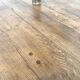 Modernist round table, solid oak, cylindrical pine base, DLG Perrian.