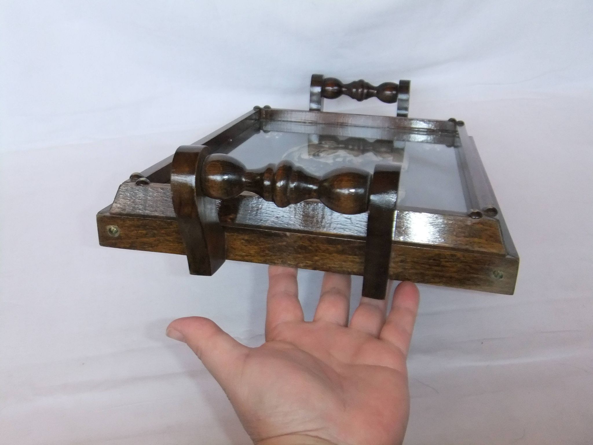 Basque service tray cross character under glass wood vintage handles painting