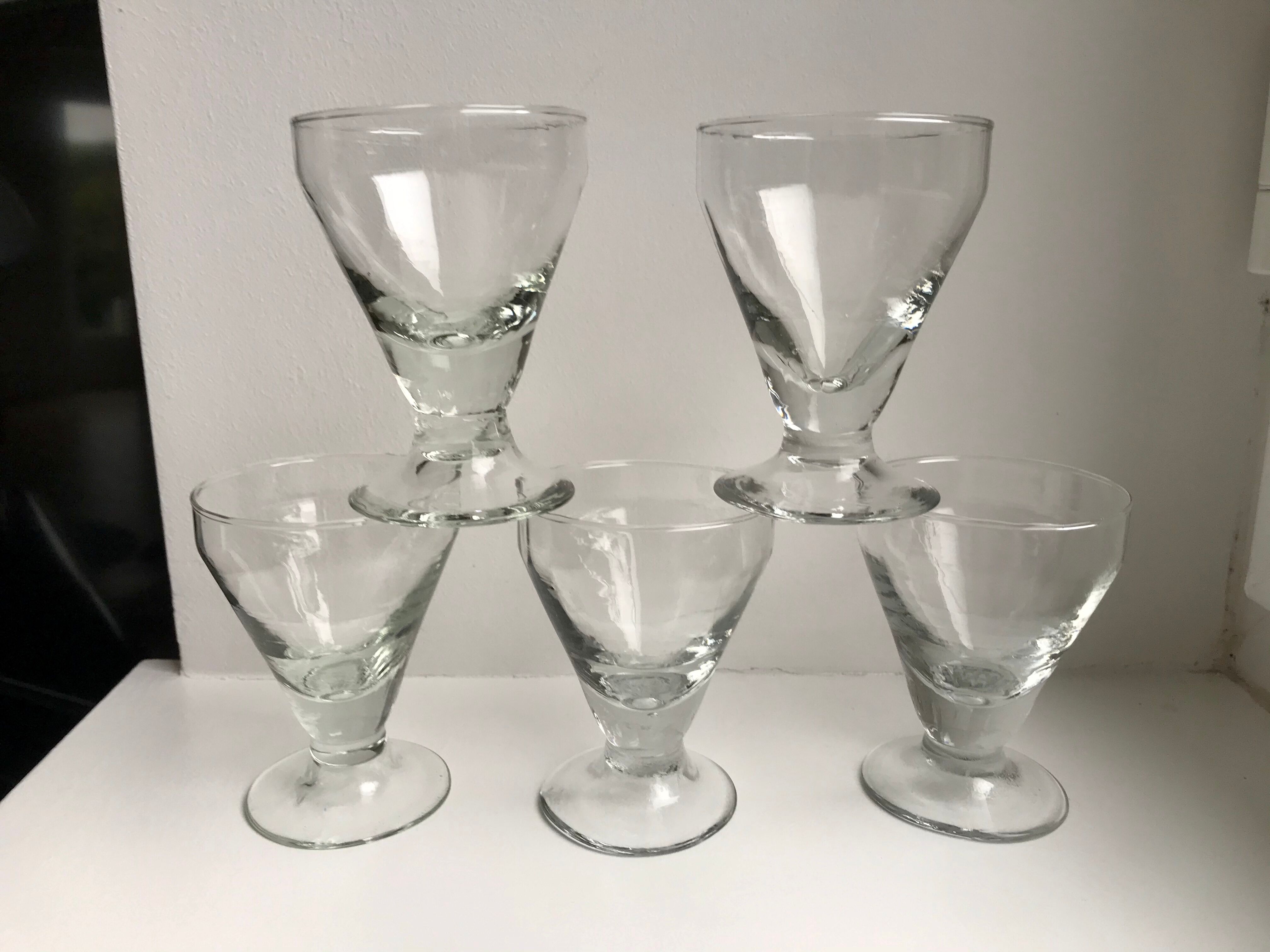 set of 5 glasses with thick bottom feet early twentieth century