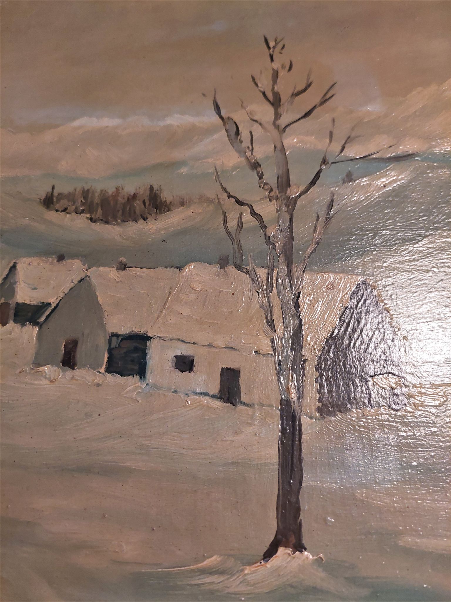 Tableau peinture huile sur panneau paysage montagne neige