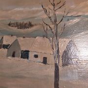 Tableau peinture huile sur panneau paysage montagne neige