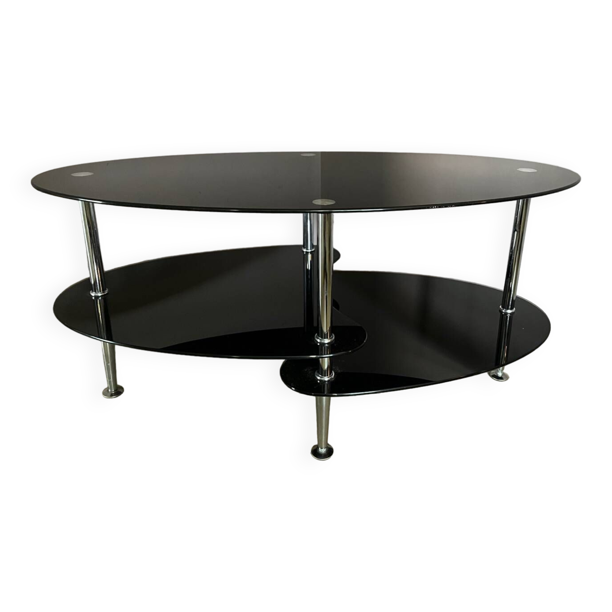 Vintage triple coffee table with smoked glass and chrome top