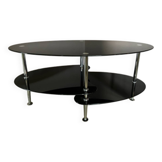 Table basse vintage triple plateau verre fumé et chrome