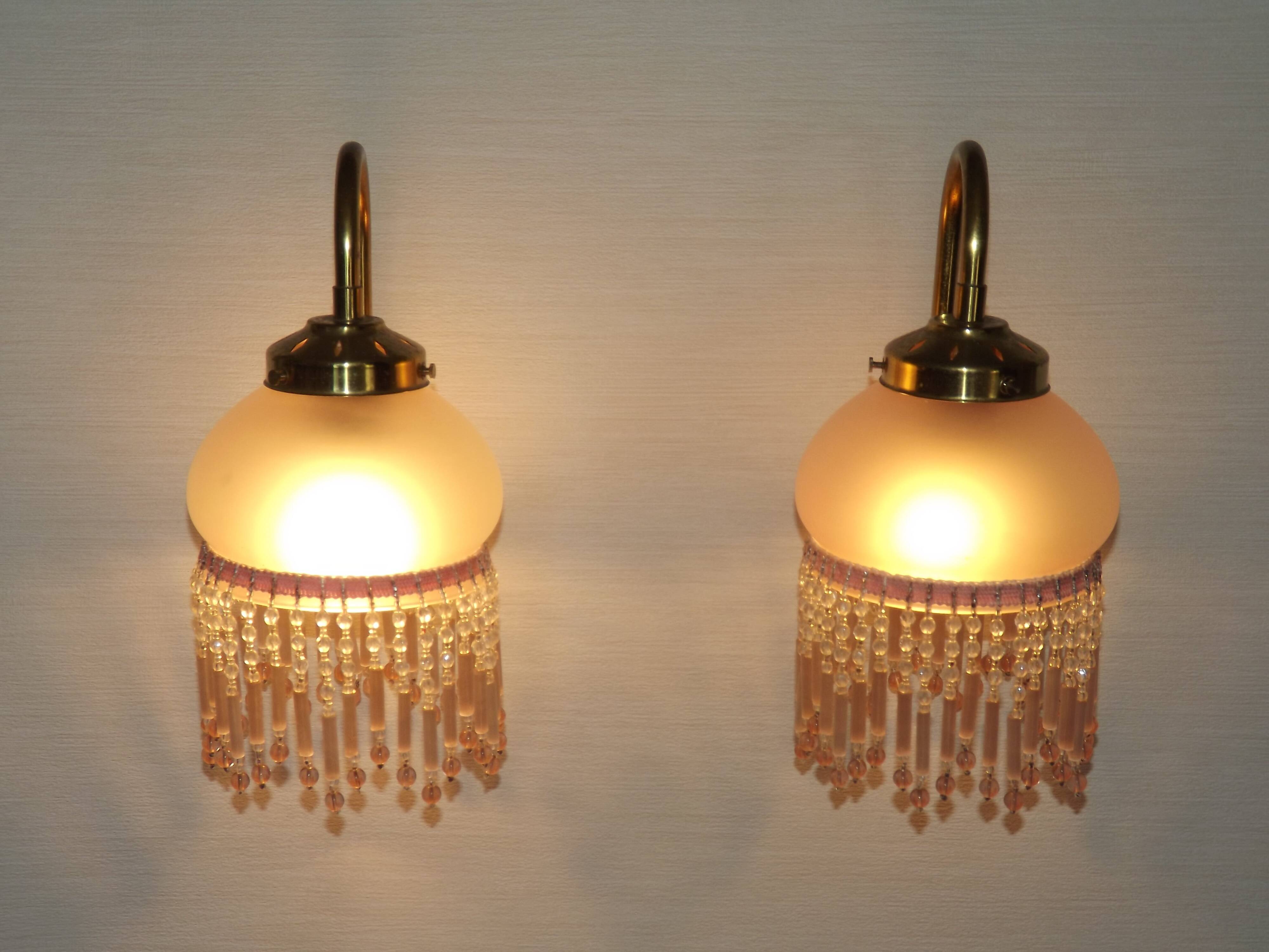 Pair of French Vintage Gold Wall Lights Pink Glass Beaded Fringe Shades