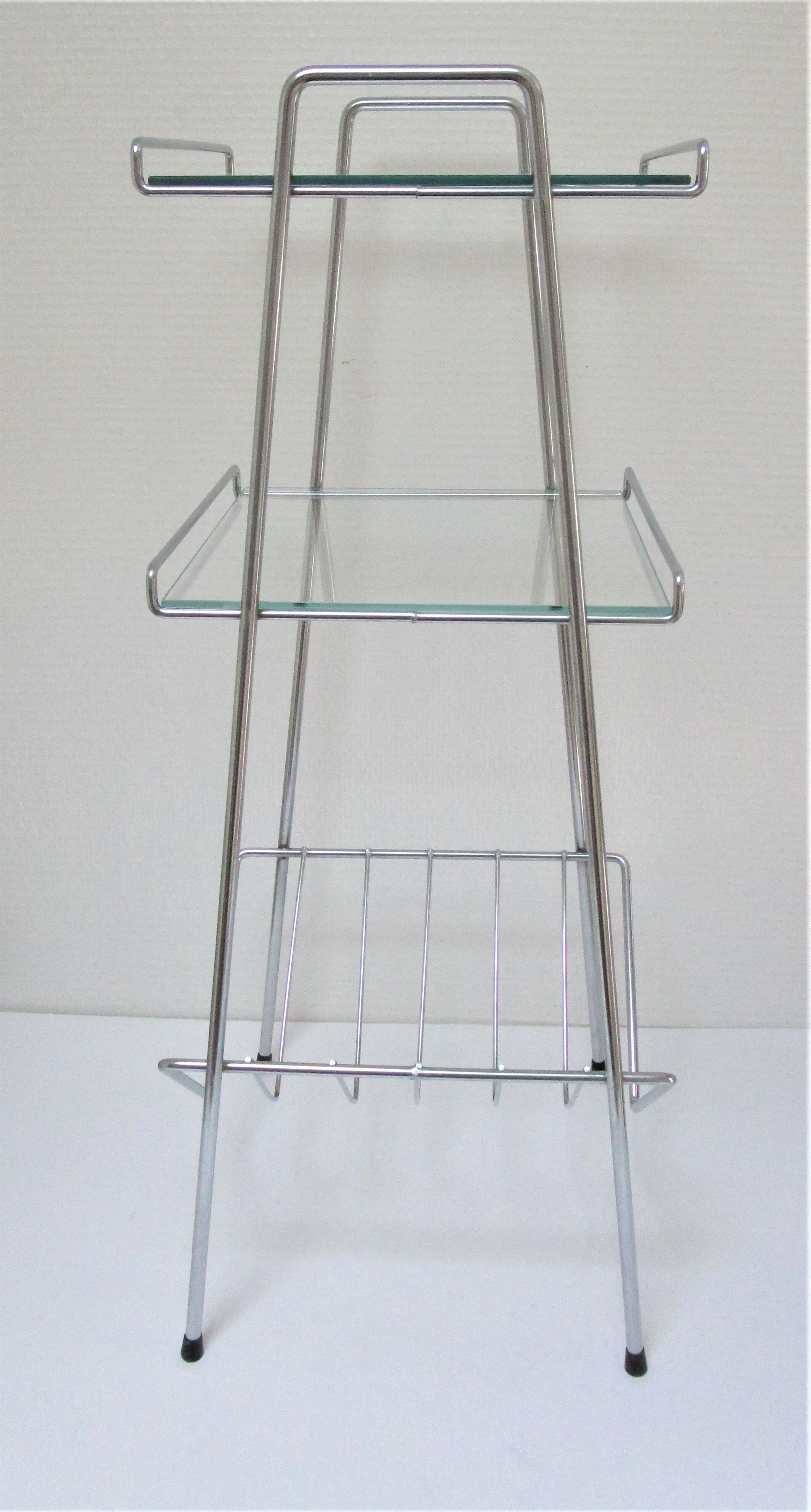 Chrome metal glass saddle shelf magazine rack 70s