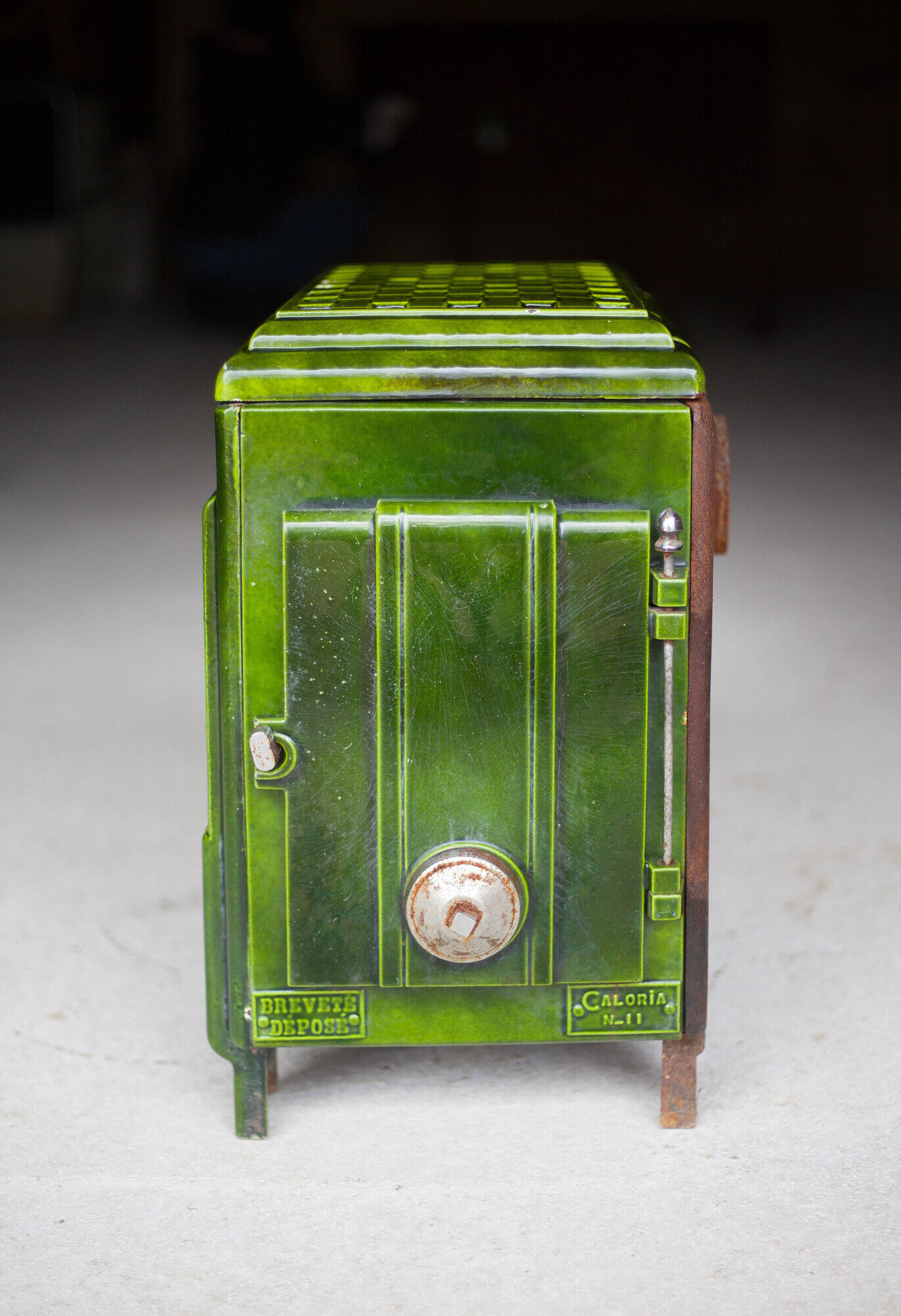 Art deco wood stove, green enamelled wood stove, interior decoration