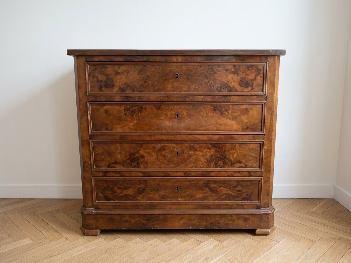 Antique walnut chest of drawers with 4 drawers.