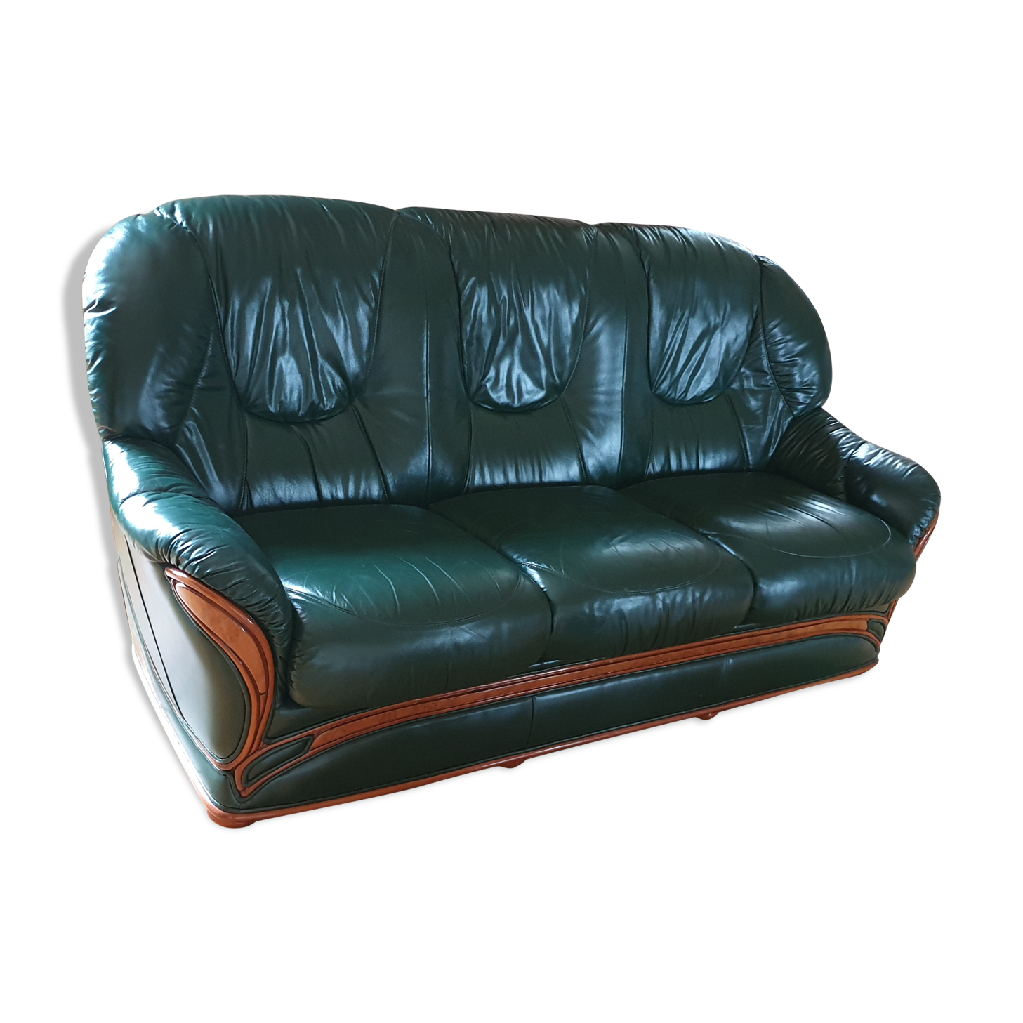 Sofa 3 seater green leather & wood