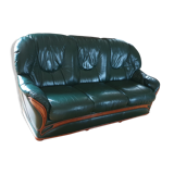 Sofa 3 seater green leather & wood