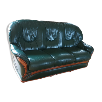 Sofa 3 seater green leather & wood