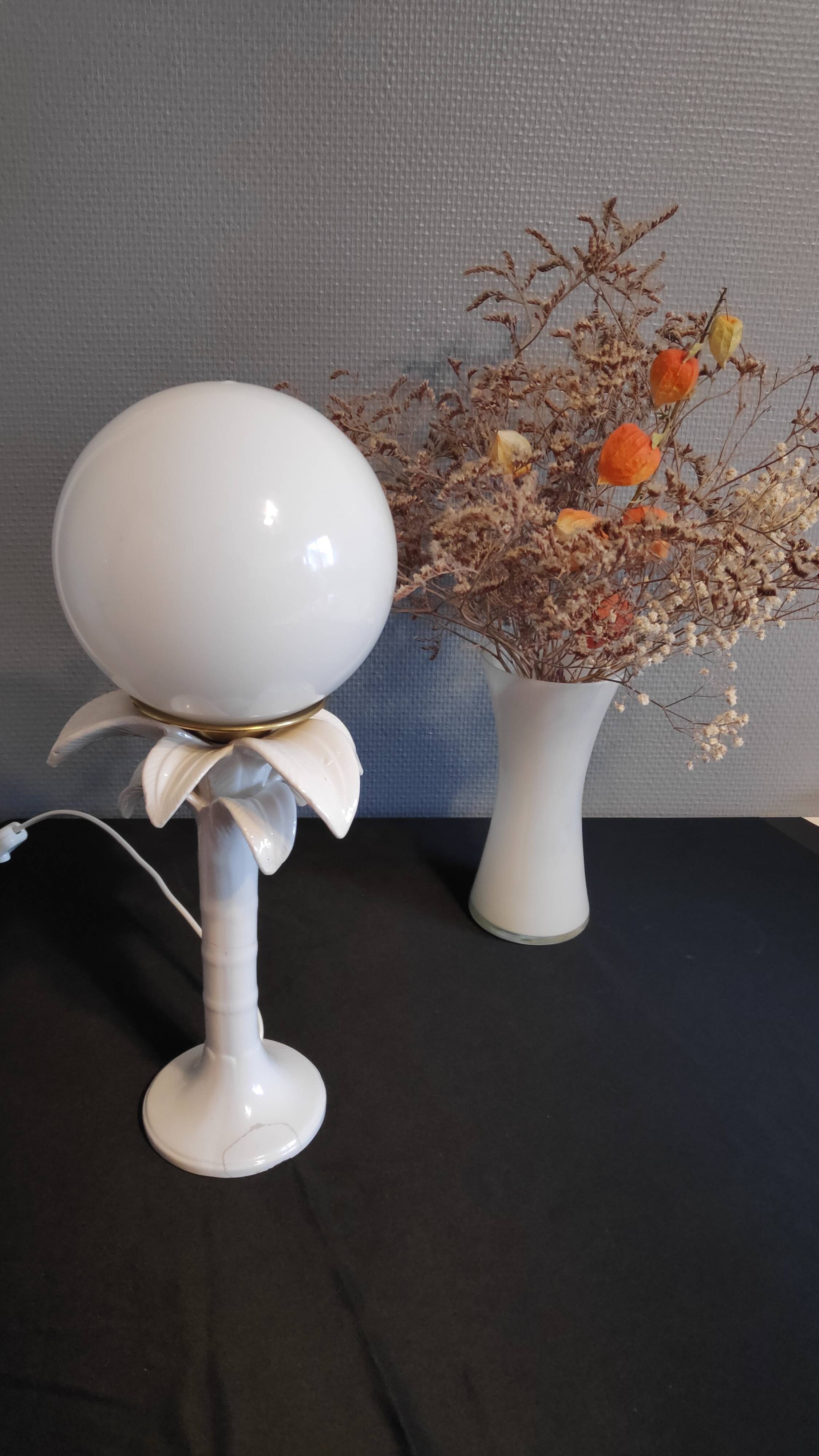 Italian white ceramic palm lamp and opaline globe